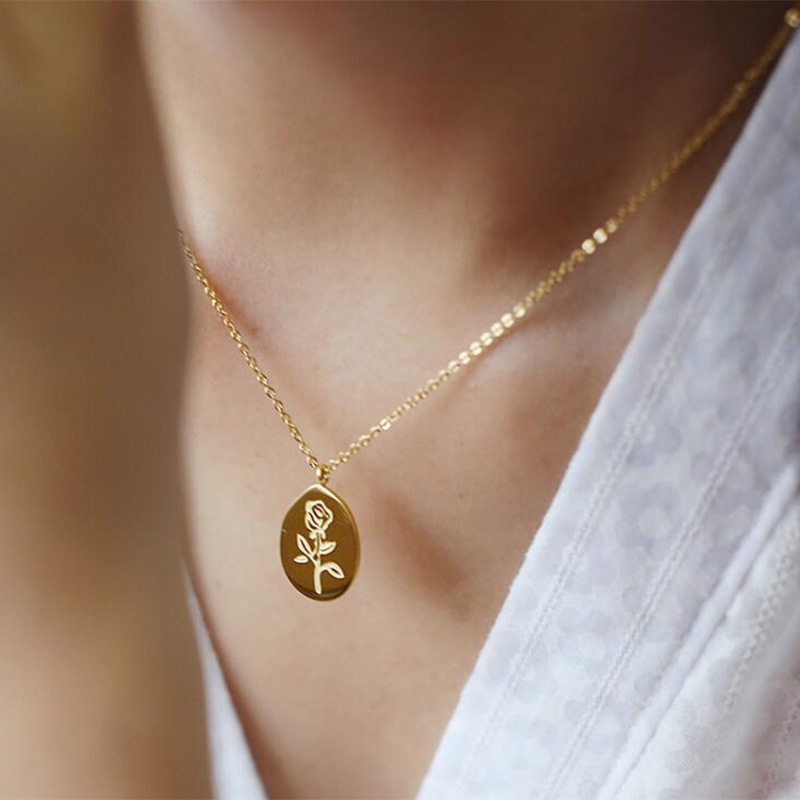Birth Flower Necklace - Colares de aço inoxidável feminino rosa